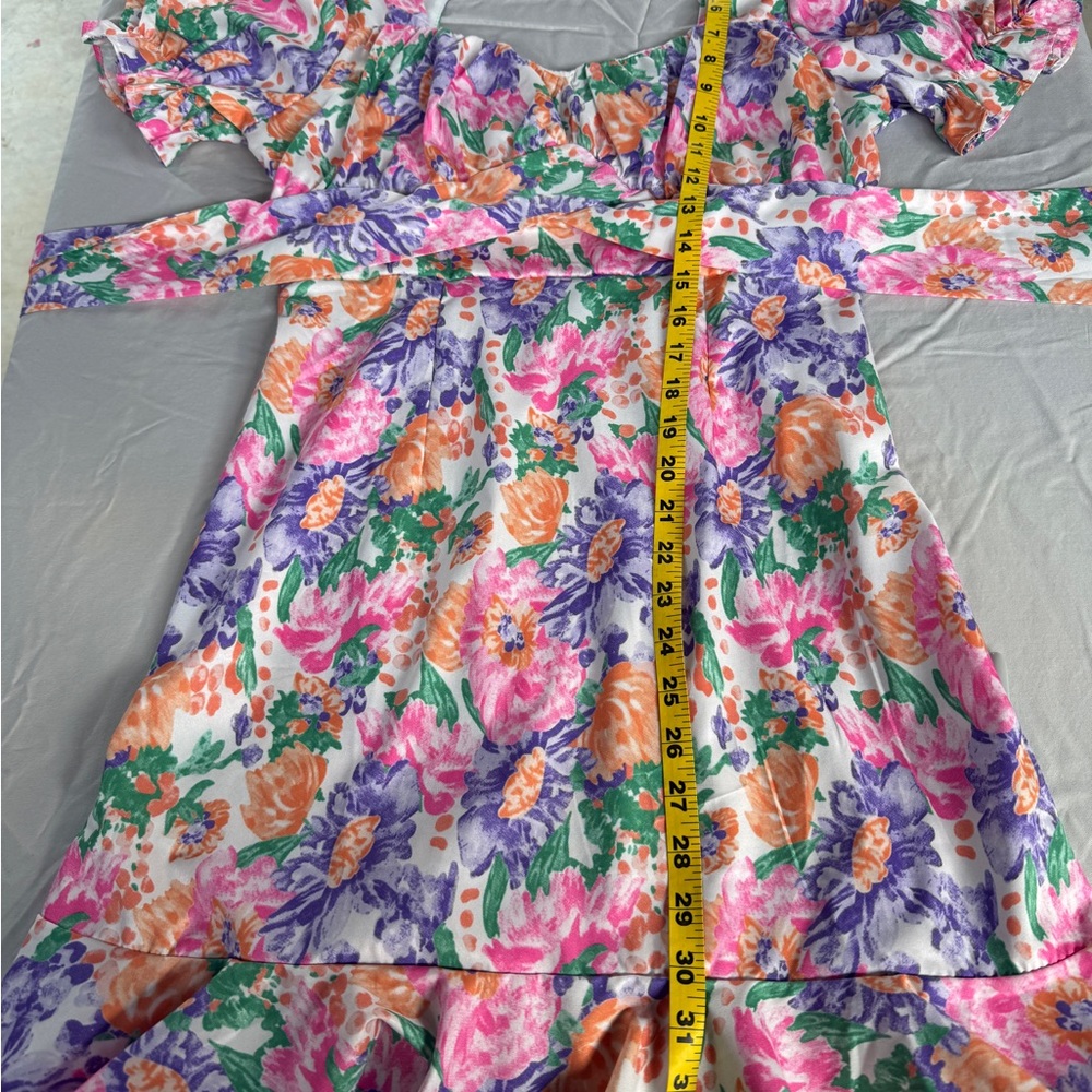 ZC Multicolor Floral Puff Sleeve Open Back Short Dress Sweetheart Neck (L) - Picture 12 of 13